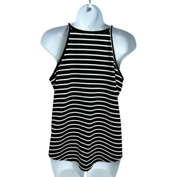 LouKeith Black White Striped Tank Top Sz Large High Neck Round Hem Blouse - Picture 4 of 5